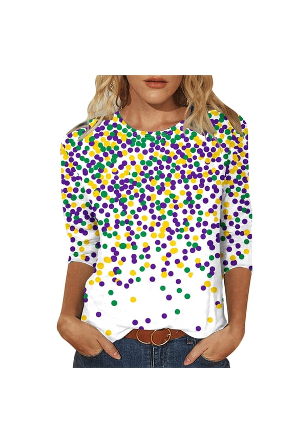 3/4 Length Sleeve Women's Shirts Carnival Pullover Tops Bling Glitter Crewneck Tunic Dressy Holiday Blouses