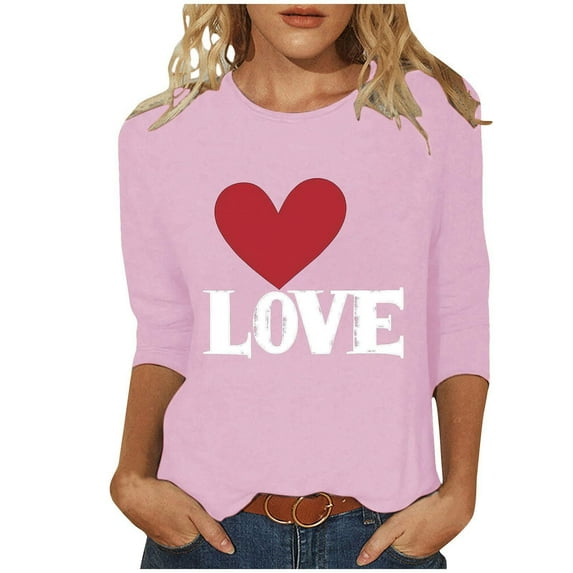 qelini 3/4 Length Sleeve Women's Shirts Heart Printed Pullover Tops Lightweight Crewneck Tunic Loose Dressy Blouses