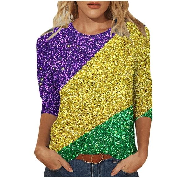 qelini 3/4 Sleeve Blouses for Women Plus Size Carnival Pullover Basic Tee Bling Glitter Crewneck Tunic Casual Holiday Tops