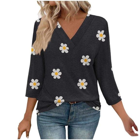 qelini 3/4 Sleeve Blouses for Women Plus Size Floral Print Pullover Basic Tee V Neck Tunic Loose Casual Tops