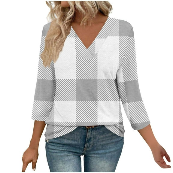 qelini 3/4 Sleeve Blouses for Women Plus Size Plaid Printed Pullover Basic Tee V Neck Tunic Loose Casual Tops
