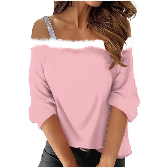 qelini 3/4 Sleeve Shirts for Women Christmas Furry Off Shoulder Neck Pullover Solid Tops Dressy Holiday Blouses