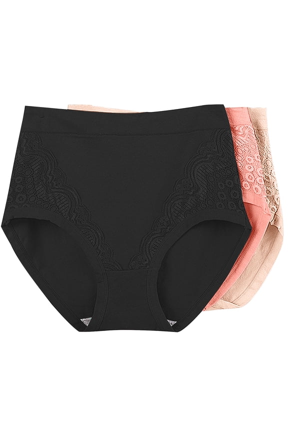 3 Pack Cotton Underwear Womens No Show Plus Size Solid High Waisted Briefs Lightweight Lace Comfortable Panties
