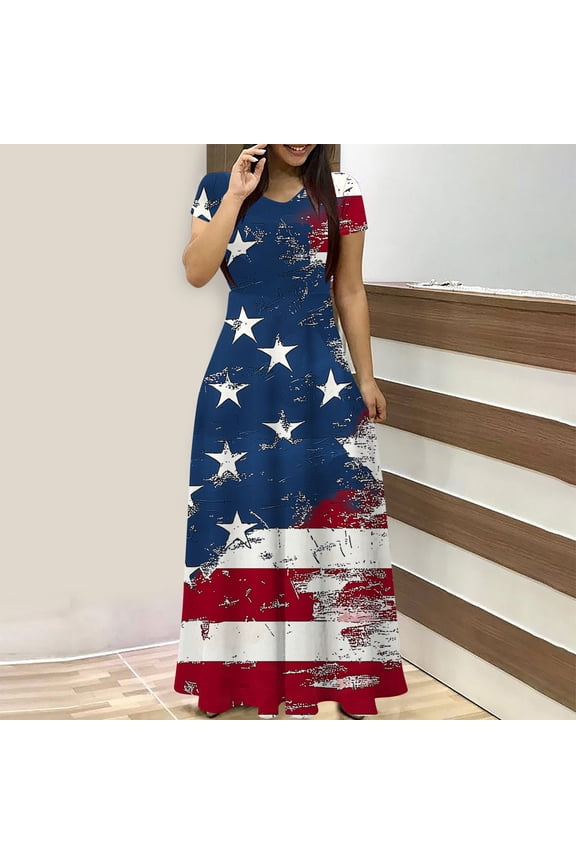 American Flag Dresses for Women Long Dresses V Neck Short Sleeve A-line Dress 4th of July Print Dress