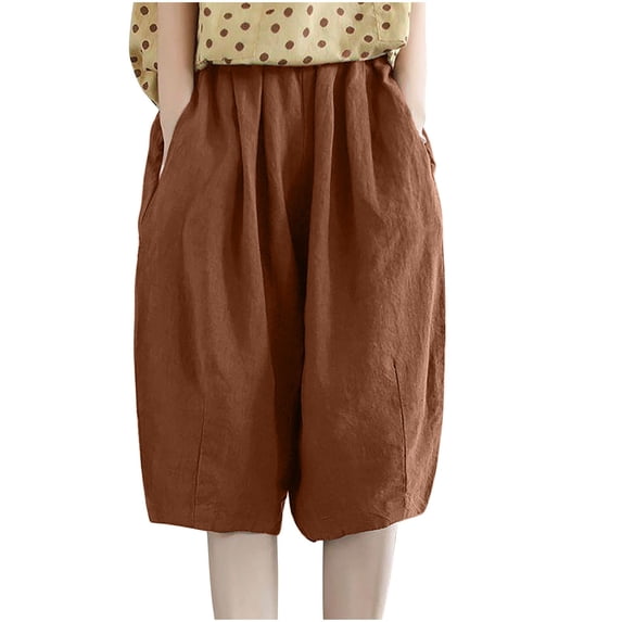 qelini Athletic Workout Shorts Womens Plus Size Pockets Elastic Waist Linen Shorts Solid Color Casual Cloths