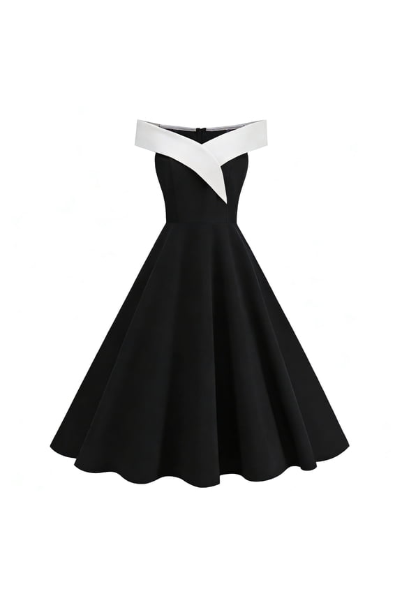 Audrey Hepburn Style Dresses Pockets Retro Off Shoulder Midi Dress Color Block Sleeveless Cocktail Dress
