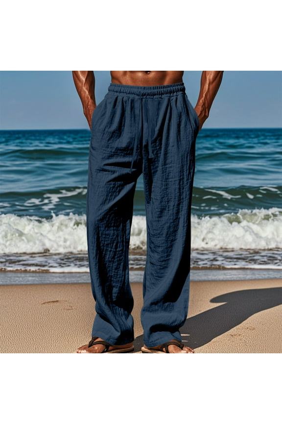 Baggy Pants Men Elastic Waist Big and Tall Loose Pockets Long Pants Straight Leg Solid Color Cloths