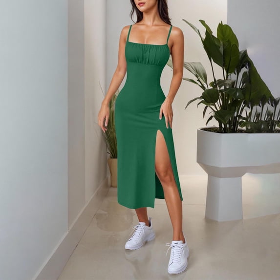 qelini Beach Sundresses for Women Long Dresses Crewneck Sleeveless A-line Dress Side Slit Solid Color Dress