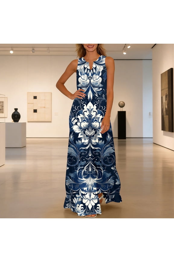 Beach Sundresses for Women Plus Size Max Dresses V Neck Sleeveless A-line Dress Print Dress for Vocation