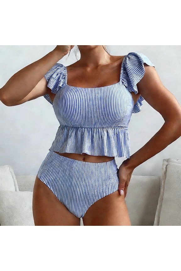 Bikini Set for Women 2 Piece Ruffle Sleeve Crew Neck Swimsuit Solid Color Swimwear Summer Beach Vocation