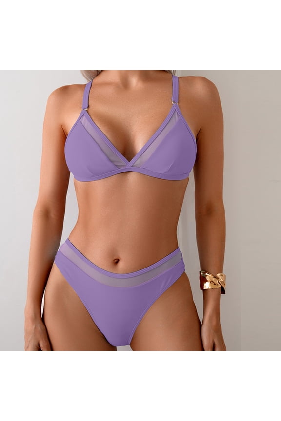 Bikini Set for Women 2 Piece Thin Strap V Neck Swimsuit Solid Color Swimwear for Vocation