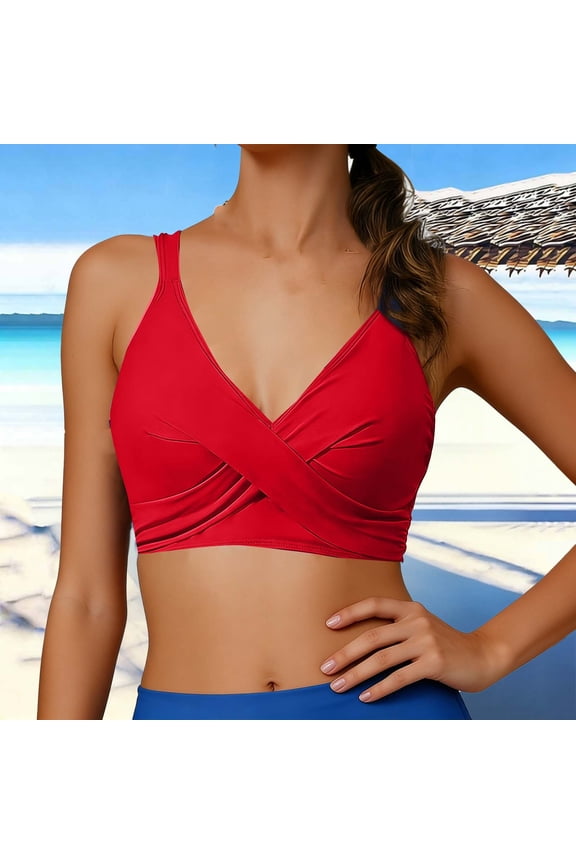 Bikini Tops for Women Adjustable Straps V Neck Swimsuit Solid Color Swimwear for Beach and Swimming Pool