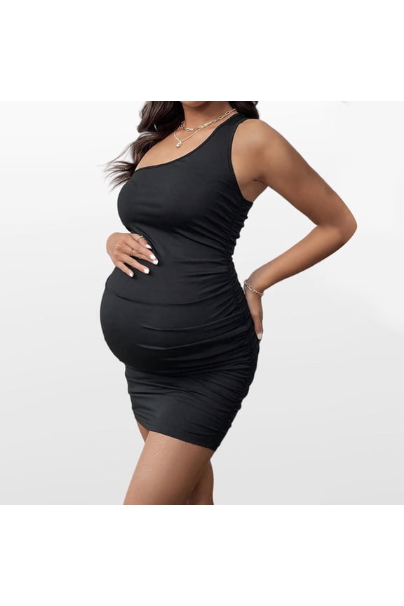 Black Maternity Dress for Women Mini Dress Crew Neck Bodycon Loungewear Off Shoulder Solid Color Dress