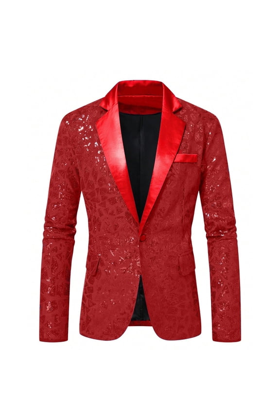 Blazer Jacket for Men Plus Size Crew Neck Long Sleeve Button Front Work Jacket with Pockets Solid Color Tuxedo Suit Coat for Nightclub Wedding