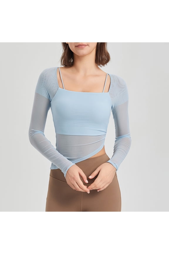 Blouses for Women Casual Fall and Winter Loose Solid Color Long Sleeve Mesh Fixed Cup Sports Bra Suitable Pullover Fake Two Pieces Bottoming Top Lightweight and Sky Blue S
