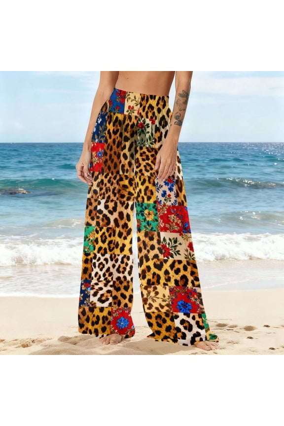 Bohemian Pants for Women High Waist Chiffon Full Length Pants Summer Beach Print Casual Pants