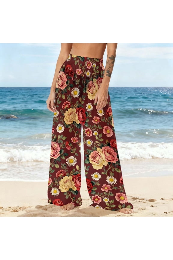 Bohemian Pants for Women High Waist Chiffon Resort Wear Pants Summer Beach Print Casual Pants