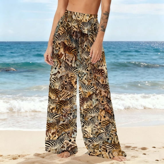 qelini Bohemian Pants for Women High Waist Chiffon Swimsuit Cover Up Summer Beach Print Casual Pants