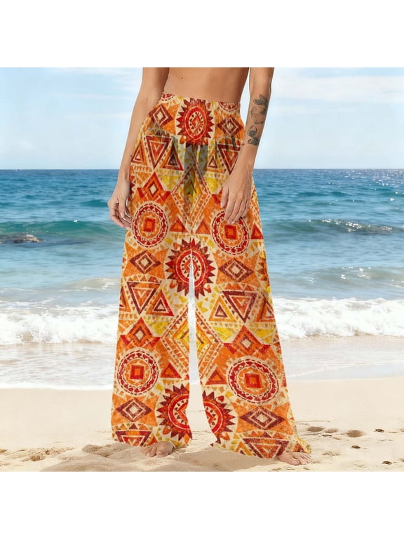 Bohemian Pants for Women High Waist Chiffon Wide Leg Pants Summer Beach Print Flowy Pants