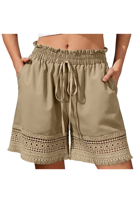 Boho Shorts for Women High Waist Bermudas Shorts with Lace Trim Solid Color Cover-Up Shorts Swim Shorts