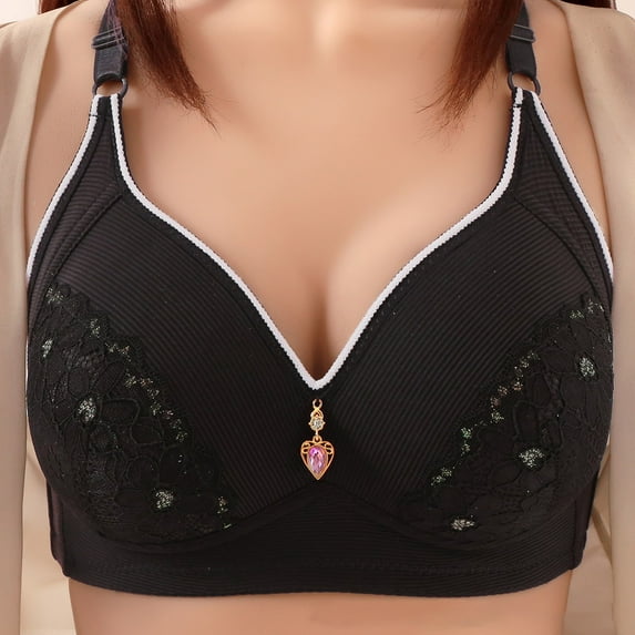 qelini Bras for Women Plus Size Full Cup Adjustable Padded Wirefree Breathable No Steel Ring Gathering Underwear Everyday Bras with Back Support Black L