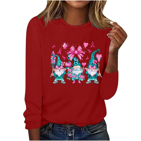 qelini Breast Cancer Awareness Shirt Casual Pullover Blouse Wowen's Graphic Tees Long Sleeve Shirts Fall Winter Crewneck Comfy Shirts Red S