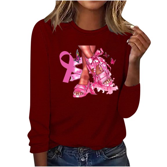 qelini Breast Cancer Awareness Shirt Casual Pullover Blouse Wowen's Graphic Tees Long Sleeve Shirts Fall Winter Crewneck Comfy Shirts Wine L