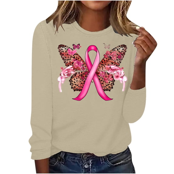 qelini Breast Cancer Awareness Shirt Casual Pullover Blouse Wowen's Graphic Tees Long Sleeve Shirts Fall Winter Crewneck Comfy Shirts Beige XXL