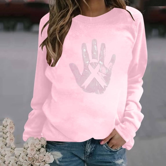 qelini Breast Cancer Awareness Shirt Casual Pullover Blouse Wowen's Graphic Tees Long Sleeve Shirts Fall Winter Crewneck Comfy Shirts Pink S