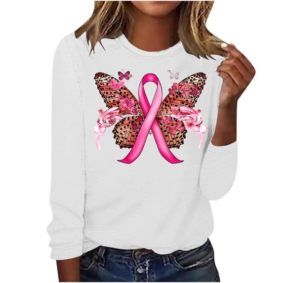 qelini Breast Cancer Awareness Shirt Casual Pullover Blouse Wowen's Graphic Tees Long Sleeve Shirts Fall Winter Crewneck Comfy Shirts White XL