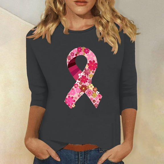 qelini Breast Cancer Awareness Shirts for Women Casual Pullover Blouse Wowen's Graphic Tees Long Sleeve Shirts Fall Winter Crewneck Comfy Shirts Dark Gray XL
