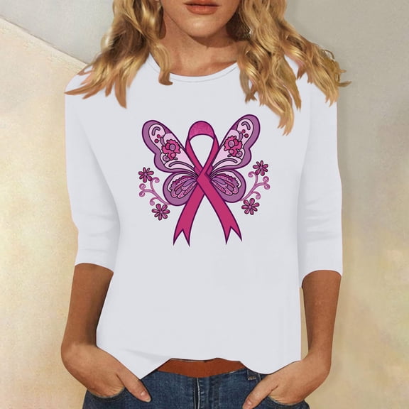 qelini Breast Cancer Awareness Shirts for Women Casual Pullover Blouse Wowen's Graphic Tees Long Sleeve Shirts Fall Winter Crewneck Comfy Shirts White S