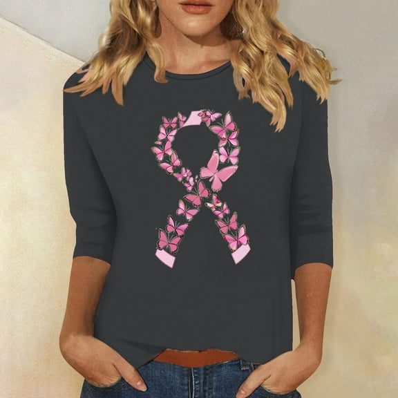 qelini Breast Cancer Awareness Shirts for Women Casual Pullover Blouse Wowen's Graphic Tees Long Sleeve Shirts Fall Winter Crewneck Comfy Shirts Dark Gray M