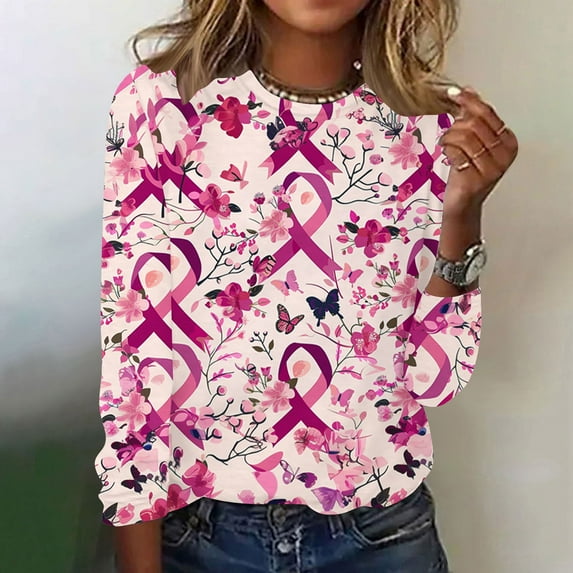 qelini Breast Cancer Awareness Shirts for Women Casual Pullover Blouse Wowen's Graphic Tees Long Sleeve Shirts Fall Winter Crewneck Comfy Shirts Hot Pink L