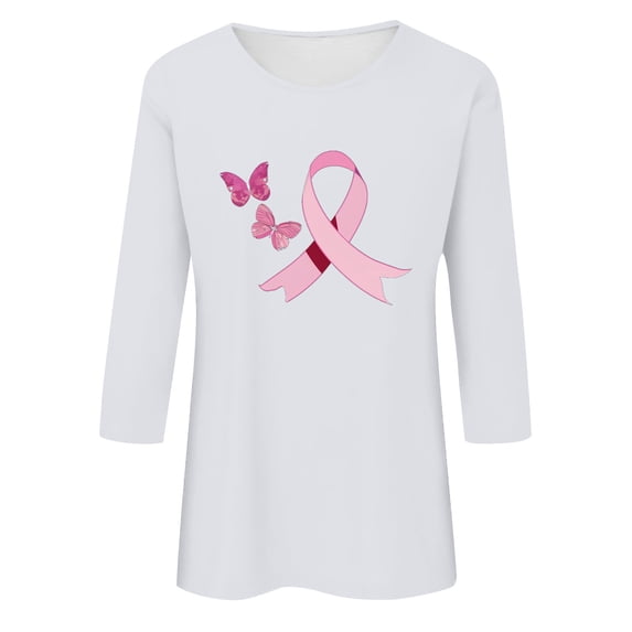 qelini Breast Cancer Awareness Shirts for Women Casual Pullover Blouse Wowen's Graphic Tees Long Sleeve Shirts Fall Winter Crewneck Comfy Shirts White S