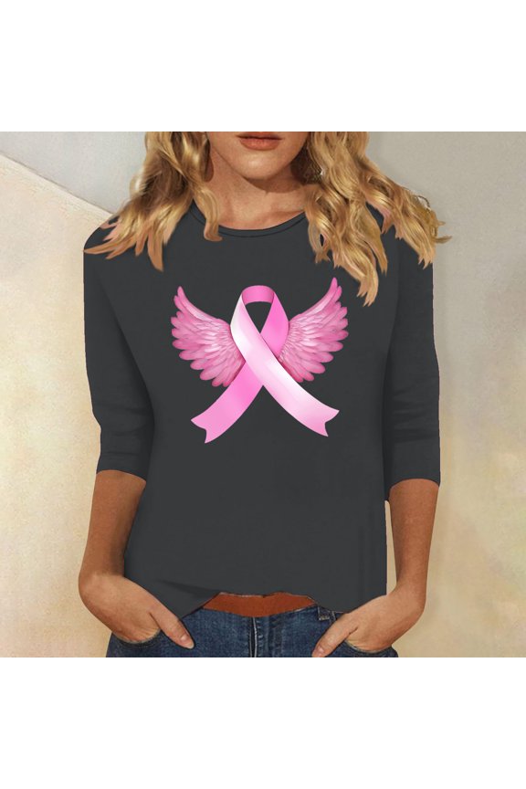 Breast Cancer Print Tops Casual Pullover Blouse Wowen's Graphic Tees Long Sleeve Shirts Fall Winter Crewneck Comfy Shirts Dark Gray S