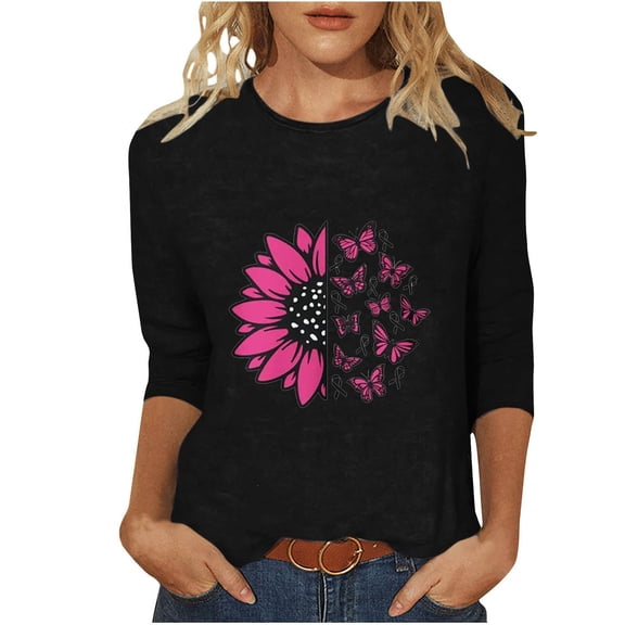 qelini Breast Cancer Shirts Long Sleeve Casual Pullover Blouse Fall Winter Crewneck Comfy Shirts Loose Casual Print Tops Black XXL