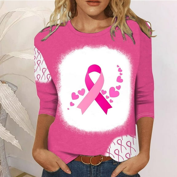 qelini Breast Cancer Shirts Long Sleeve Casual Pullover Blouse Fall Winter Crewneck Comfy Shirts Loose Casual Print Tops Pink S