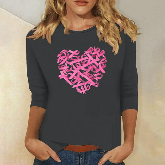 qelini Breast Cancer Shirts Long Sleeve Casual Pullover Blouse Wowen's Graphic Tees Long Sleeve Shirts Fall Winter Crewneck Comfy Shirts Dark Gray XXL