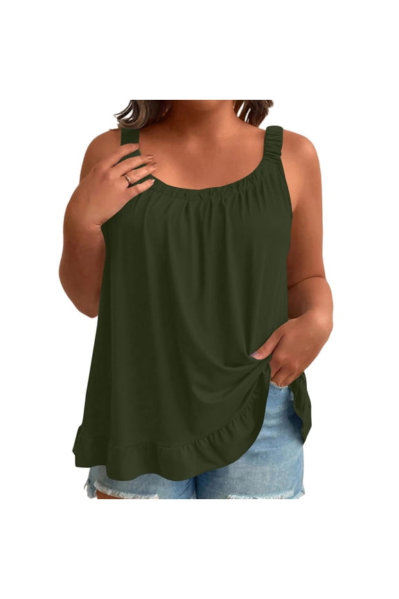 Bubble Hem Tops for Women Plus Size Spaghetti Strap Tank Tops Crewneck Sleeveless Shirt Vest Solid Color Cloths