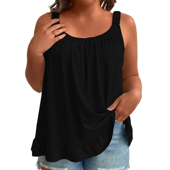 qelini Bubble Hem Tops for Women Plus Size Spaghetti Strap Tank Tops Crewneck Sleeveless Shirt Vest Solid Color Cloths