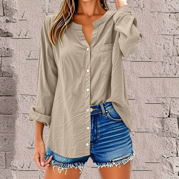 qelini Button down Shirts for Women Long Sleeve Plus Size V Neck Loose Casual Work Button Blouses Down Summer Breathable Lightweight Fashion Solid Color Tops with Pocket Beige L