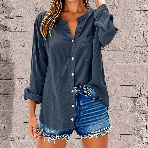 qelini Button down Shirts for Women Long Sleeve Plus Size V Neck Loose Casual Work Button Blouses Down Summer Breathable Lightweight Fashion Solid Color Tops with Pocket Dark Gray XL