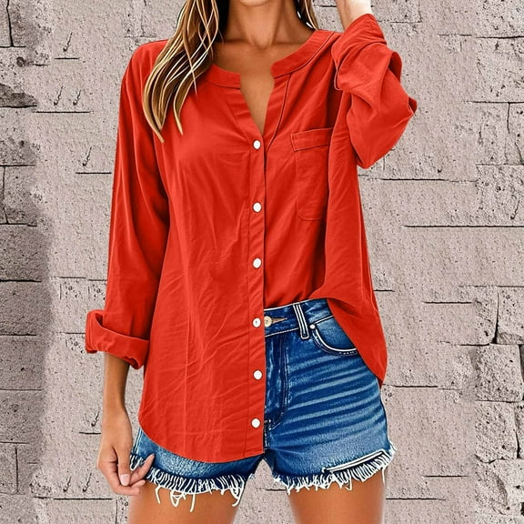 qelini Button down Shirts for Women Long Sleeve Plus Size V Neck Loose Casual Work Button Blouses Down Summer Breathable Lightweight Fashion Solid Color Tops with Pocket Red XXXXL
