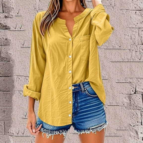 qelini Button down Shirts for Women Long Sleeve Plus Size V Neck Loose Casual Work Button Blouses Down Summer Breathable Lightweight Fashion Solid Color Tops with Pocket Yellow S