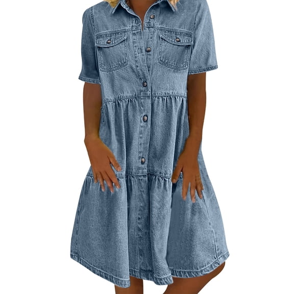 qelini Button down Denim Dresses for Women Mini Dresses Collar Short Sleeve A-line Dress Solid Color Dress