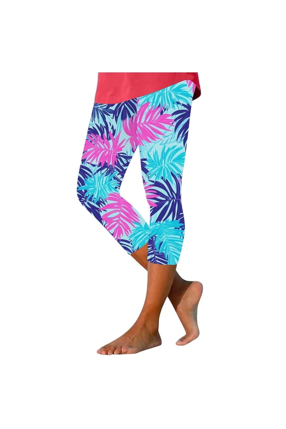 Capri Leggings for Women Plus Size Tropical Cropped Pants High Waist Print Ankle Pants Beach Yoga Pants