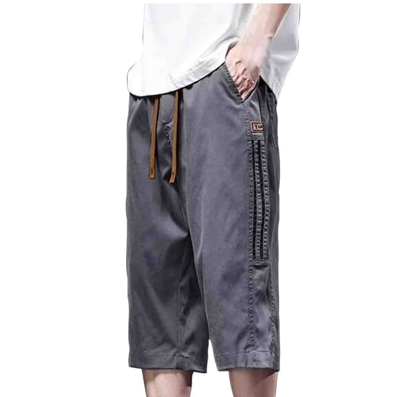 qelini Capri Pants for Men Big and Tall Cropped Pants with Pockets Drawstring Waist Solid Color Ankle Pants Capris