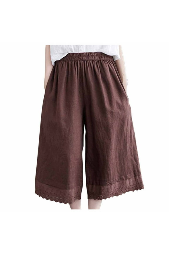 Capris for Women with Pockets Workout Summer Gathering Flowers And Plants Printed Breathable Loose Casual Lightweight Fashion Cropped Trousers Pants Coffee L