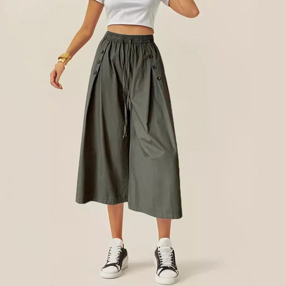 qelini Capris for Women with Pockets Workout Summer Gathering Stripe Print Breathable Loose Casual Lightweight Fashion Cropped Trousers Pants Army Green L